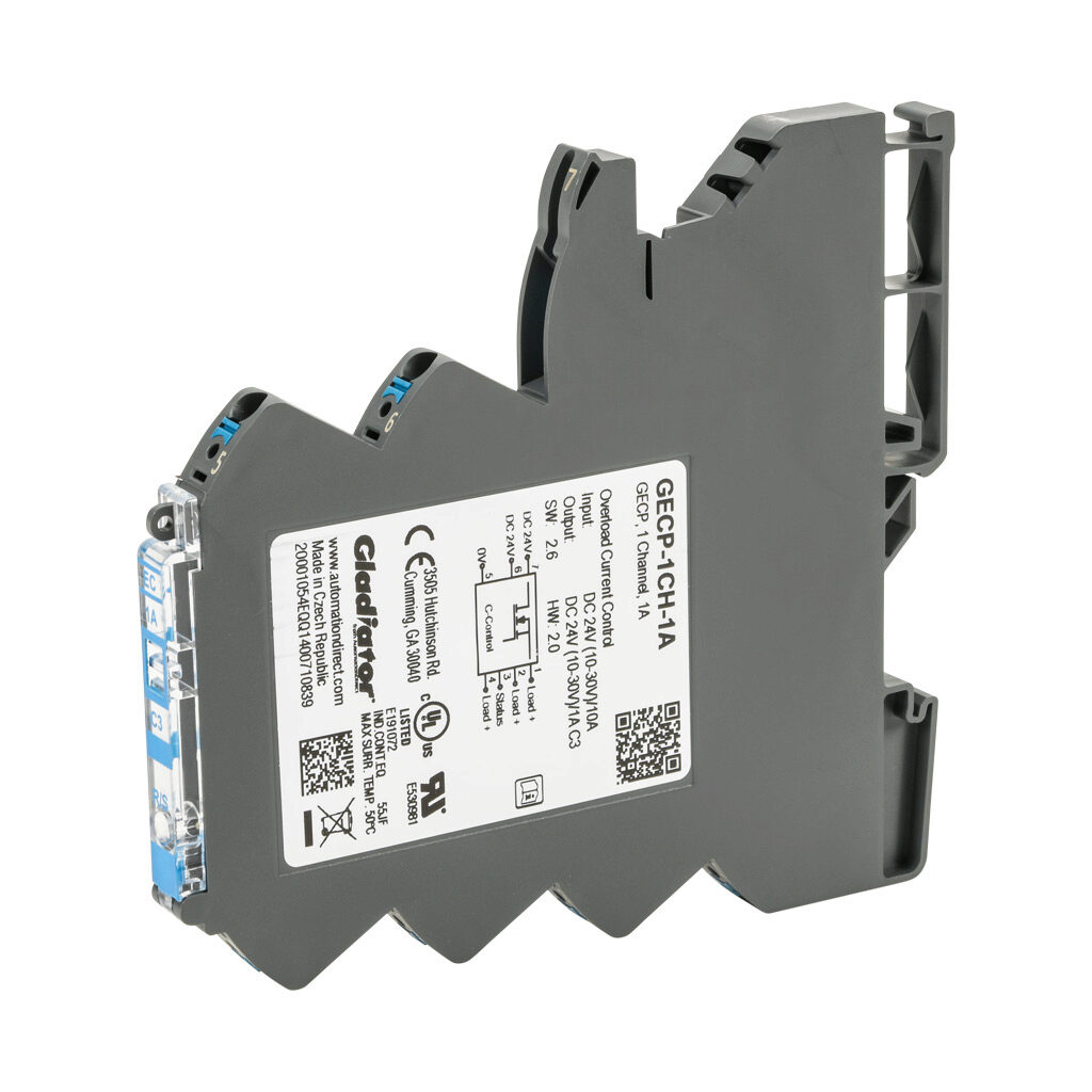 GECP-1CH-1A - Gladiator GECP series electronic circuit protector, 1A, 12/24 VDC, 1 channel(s), slow 1 curve, 35mm DIN rail mount.
