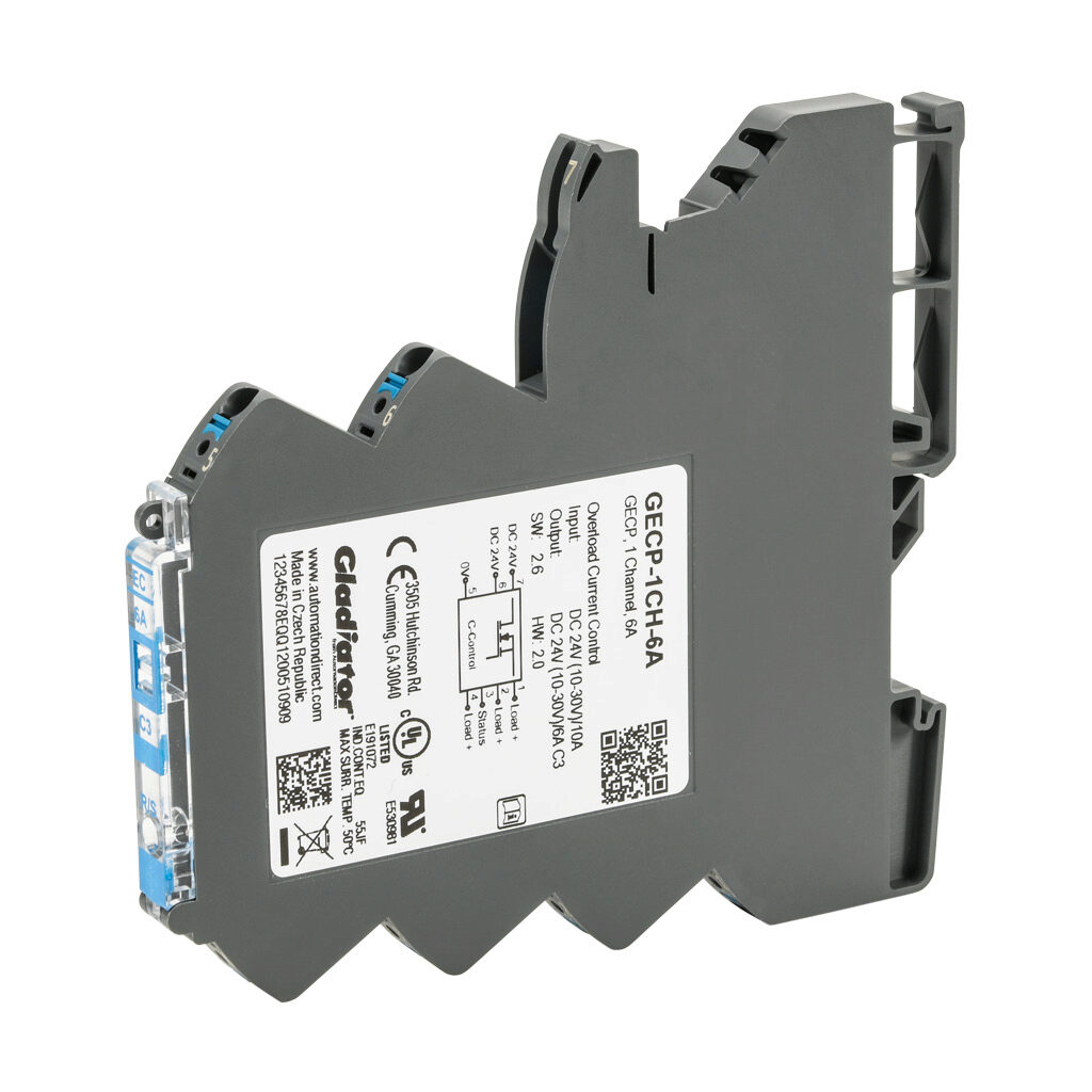 GECP-1CH-6A - Gladiator GECP series electronic circuit protector, 6A, 12/24 VDC, 1 channel(s), slow 1 curve, 35mm DIN rail mount.