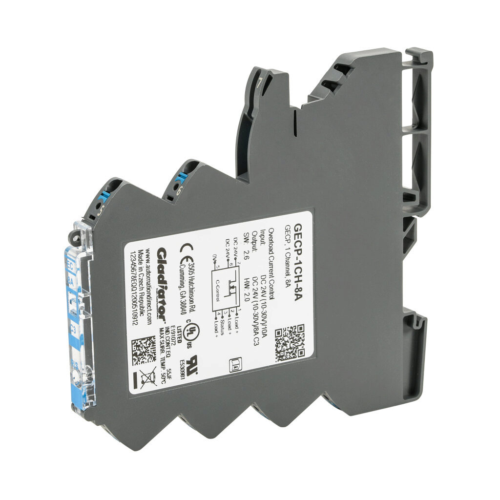 GECP-1CH-8A - Gladiator GECP series electronic circuit protector, 8A, 12/24 VDC, 1 channel(s), slow 1 curve, 35mm DIN rail mount.