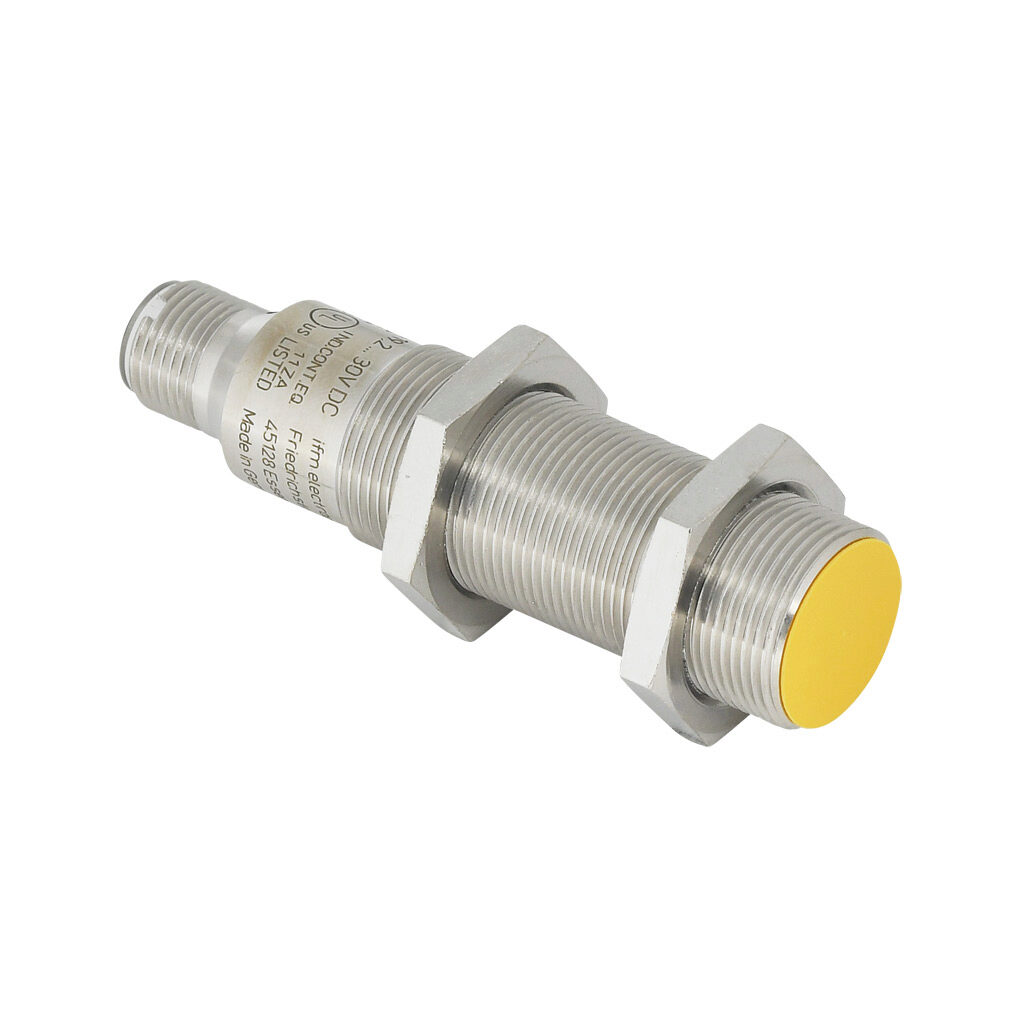 GG712S - ifm efector inductive proximity sensor, tubular, 18mm diameter x 70.5mm body, bronze-plated brass housing, PNP, (1) pair OSSD, 1-5mm enable zone, flush, IP65 IP67, 4-pin M12 quick-disconnect.