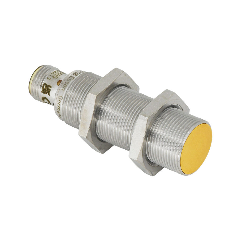 GG855S - ifm efector inductive proximity sensor, tubular, 18mm diameter x 60mm body, bronze-plated brass housing, PNP, (1) pair OSSD, >7.5mm enable zone, flush, IP65 IP67 IP68 IP69K, 4-pin M12 quick-disconnect.