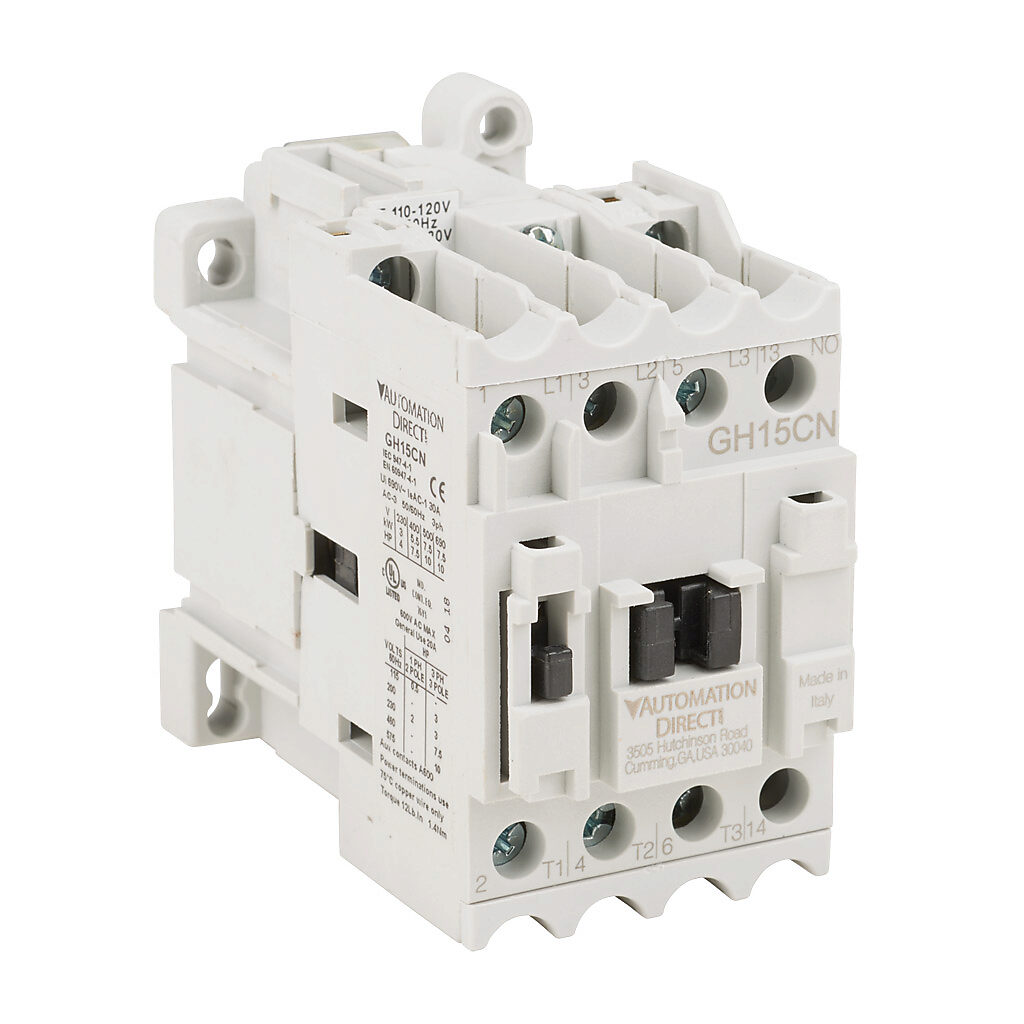 GH15CN-3-10A - AutomationDirect GH15 series IEC contactor, 12A, (3) N.O. power poles, (1) N.O. auxiliary contacts, 120 VAC (60Hz)/110 VAC (50Hz) coil voltage.