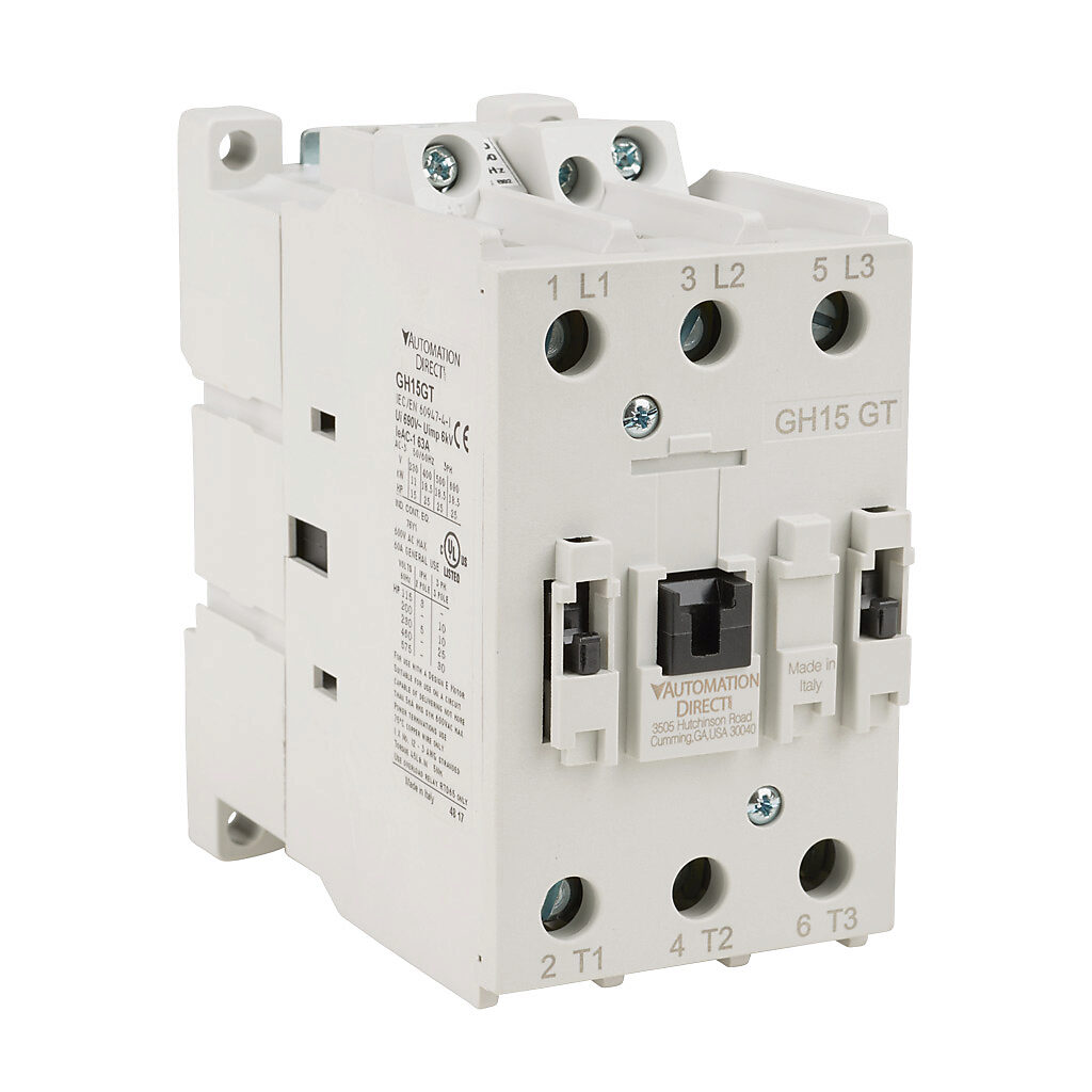 GH15GT-3-00B - AutomationDirect GH15 series IEC contactor, 40A, (3) N.O. power poles, 240 VAC (60Hz)/212 VAC (50Hz) coil voltage.