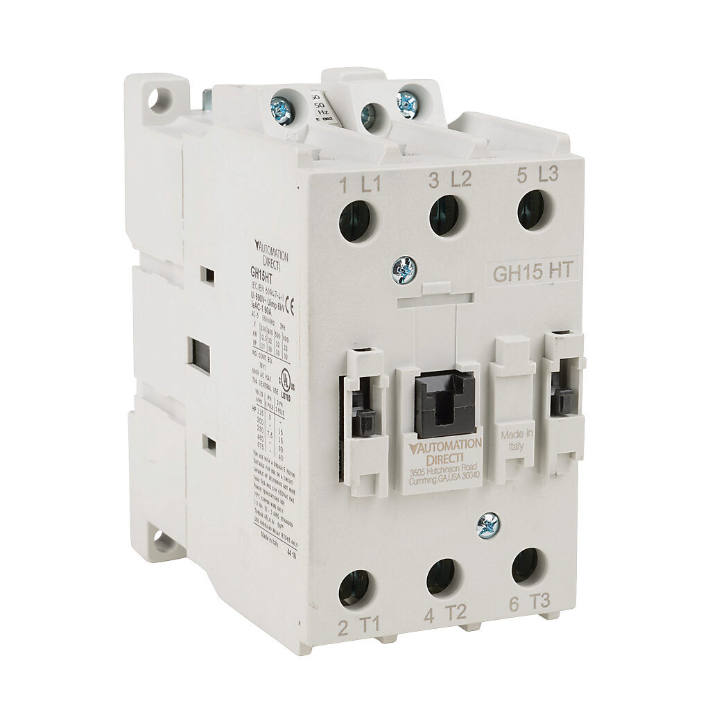 GH15HT-3-00B - AutomationDirect GH15 series IEC contactor, 50A, (3) N.O. power poles, 240 VAC (60Hz)/212 VAC (50Hz) coil voltage.