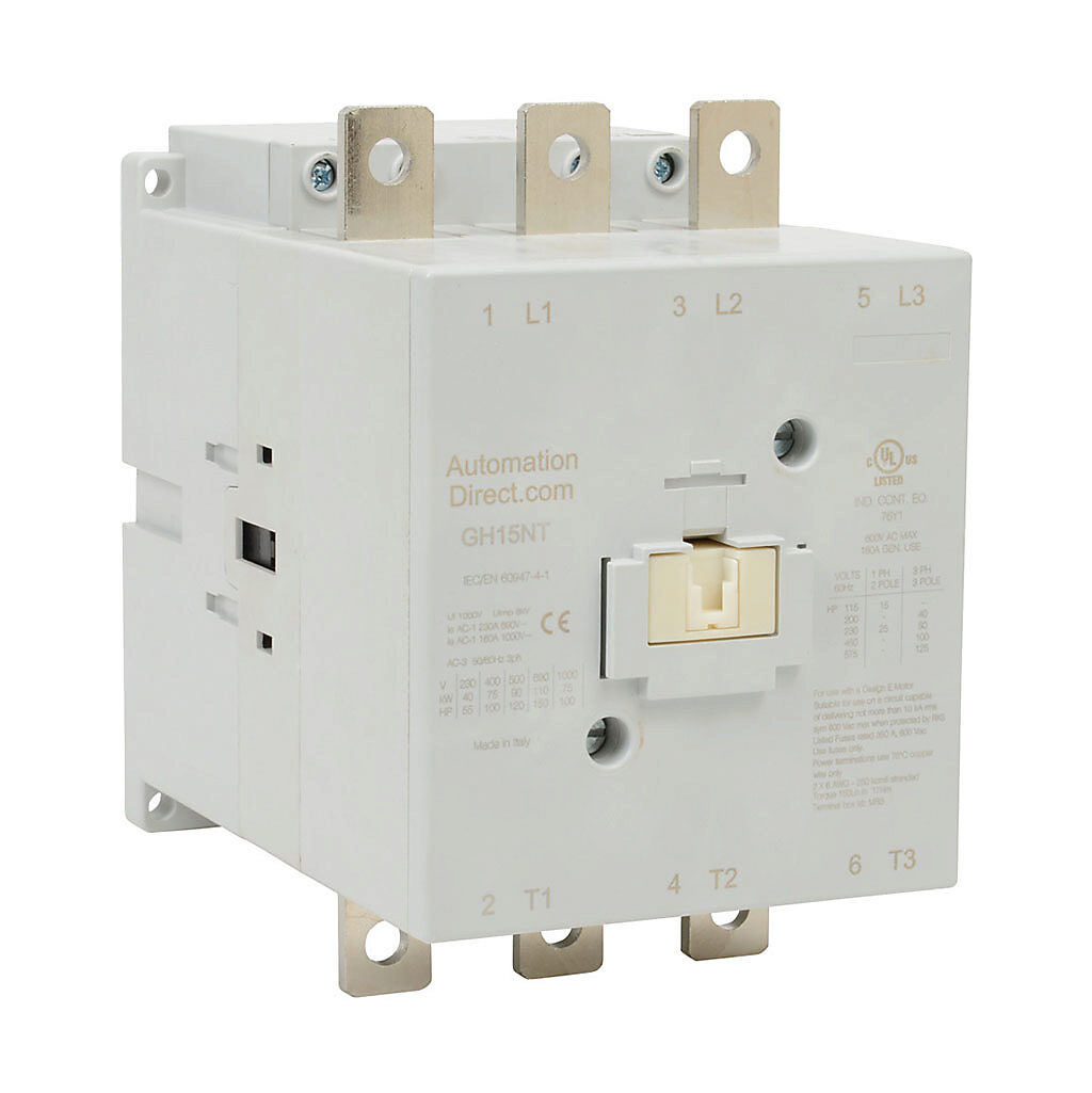 GH15NT-3-00A - AutomationDirect GH15 series IEC contactor, 150A, (3) N.O. power poles, 120 VAC (60Hz)/110 VAC (50Hz)/110 VDC coil voltage.