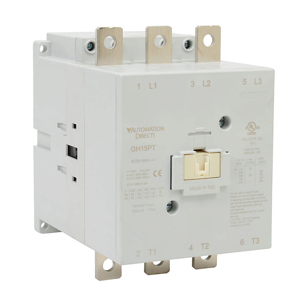 GH15PT-3-00B - AutomationDirect GH15 series IEC contactor, 175A, (3) N.O. power poles, 240 VAC (60Hz)/220 VAC (50Hz)/220 VDC coil voltage.