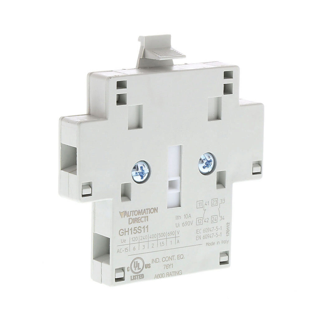 GH15S11 - AutomationDirect auxiliary contact, left or right side mount, (1) N.O./(1) N.C. contact(s), 6A @ 120 VAC. For use with all GH15 series contactors.