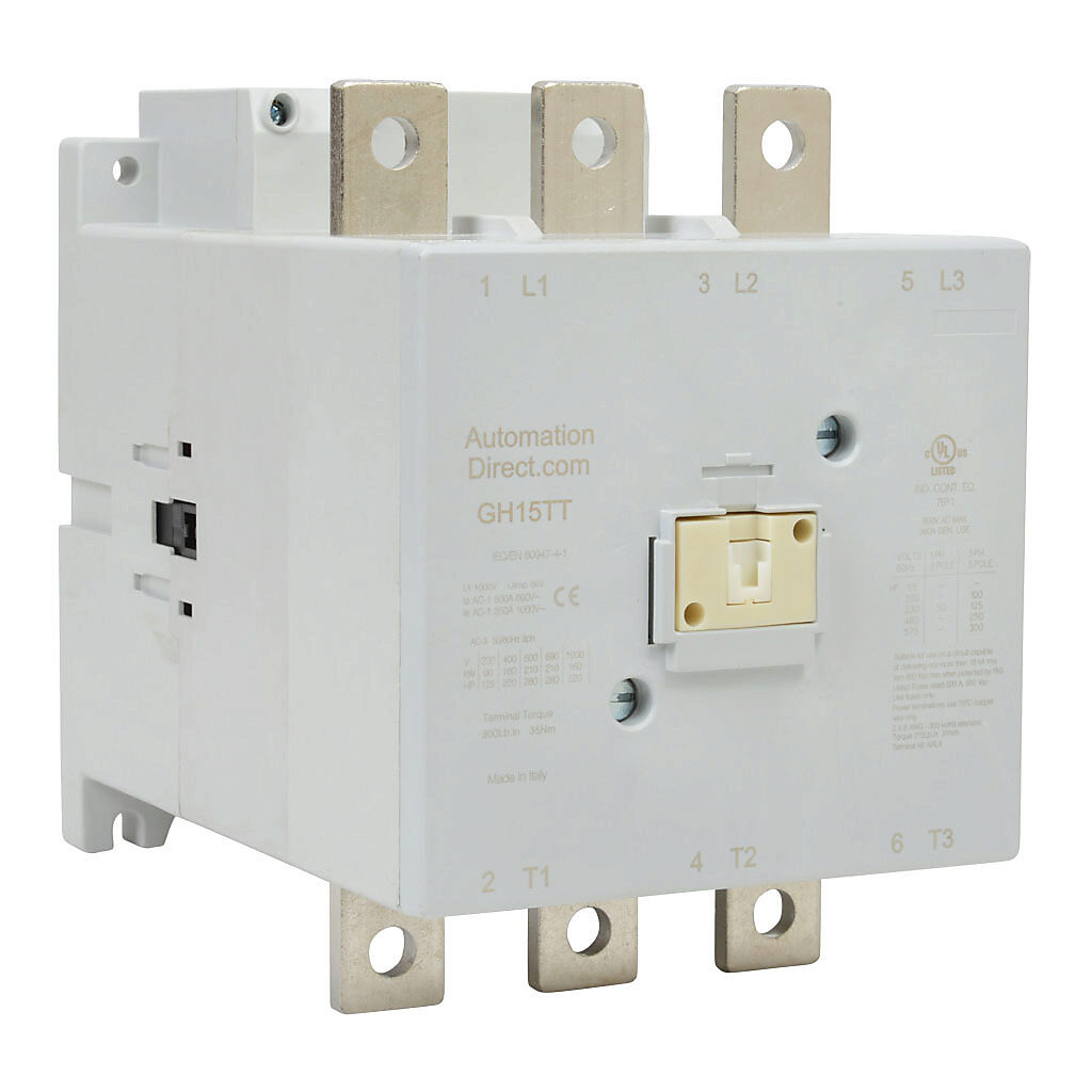 GH15TT-3-00A - AutomationDirect GH15 series IEC contactor, 315A, (3) N.O. power poles, 120 VAC (60Hz)/110 VAC (50Hz)/110 VDC coil voltage.