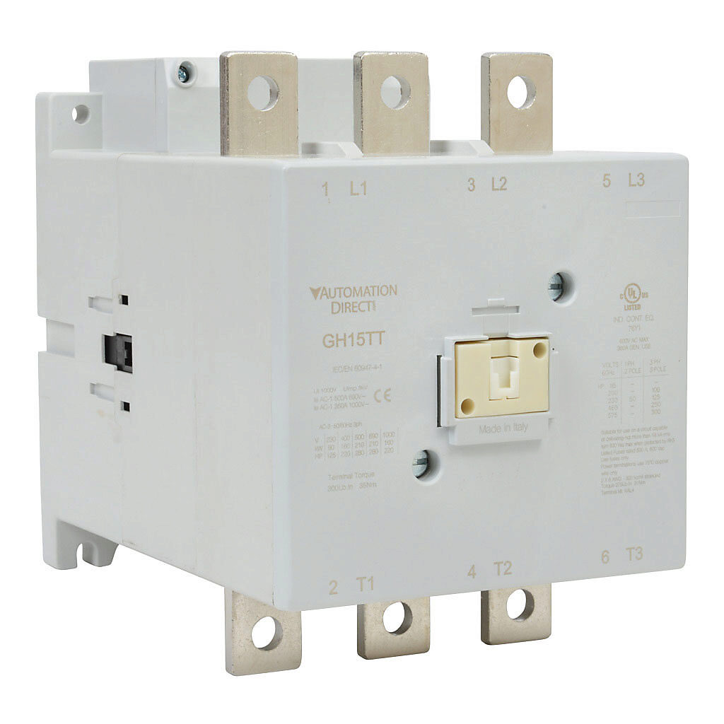 GH15TT-3-00B - AutomationDirect GH15 series IEC contactor, 315A, (3) N.O. power poles, 240 VAC (60Hz)/220 VAC (50Hz)/220 VDC coil voltage.