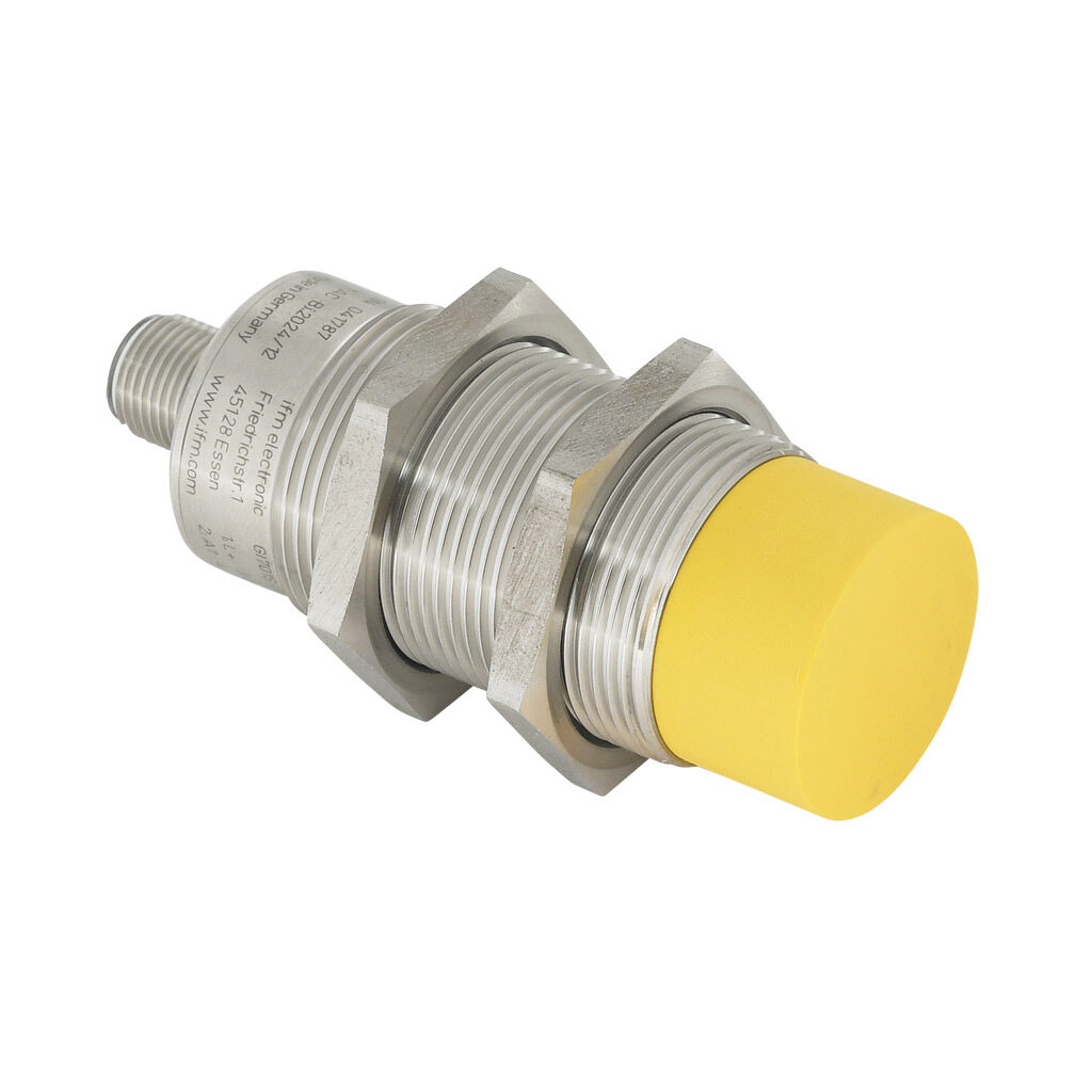 GI701S - ifm efector inductive proximity sensor, tubular, 30mm diameter x 80mm body, stainless steel housing, PNP, (1) pair OSSD, 6-12mm enable zone, non-flush, IP68 IP69K, 4-pin M12 quick-disconnect.