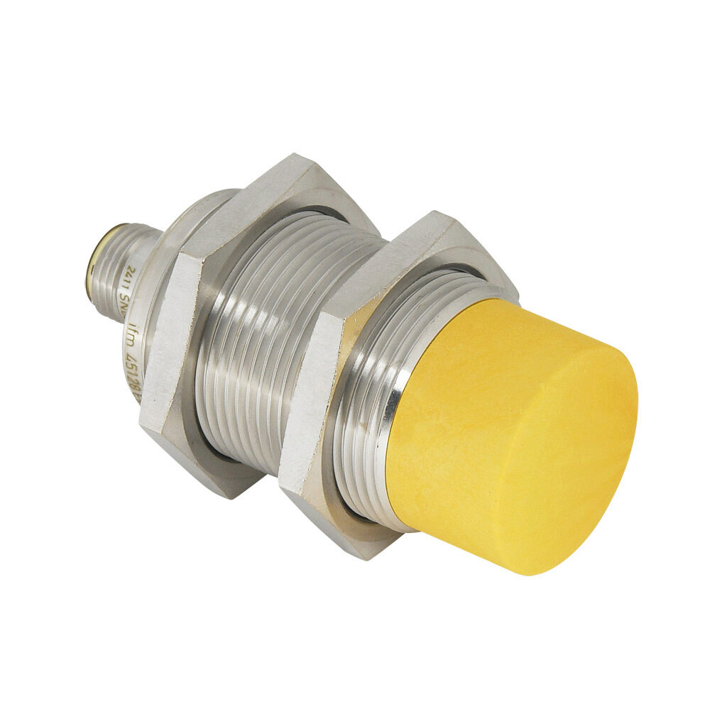 GI854S - ifm efector inductive proximity sensor, tubular, 30mm diameter x 65mm body, bronze-plated brass housing, PNP, (1) pair OSSD, >21.5mm enable zone, non-flush, IP65 IP67 IP68 IP69K, 4-pin M12 quick-disconnect.