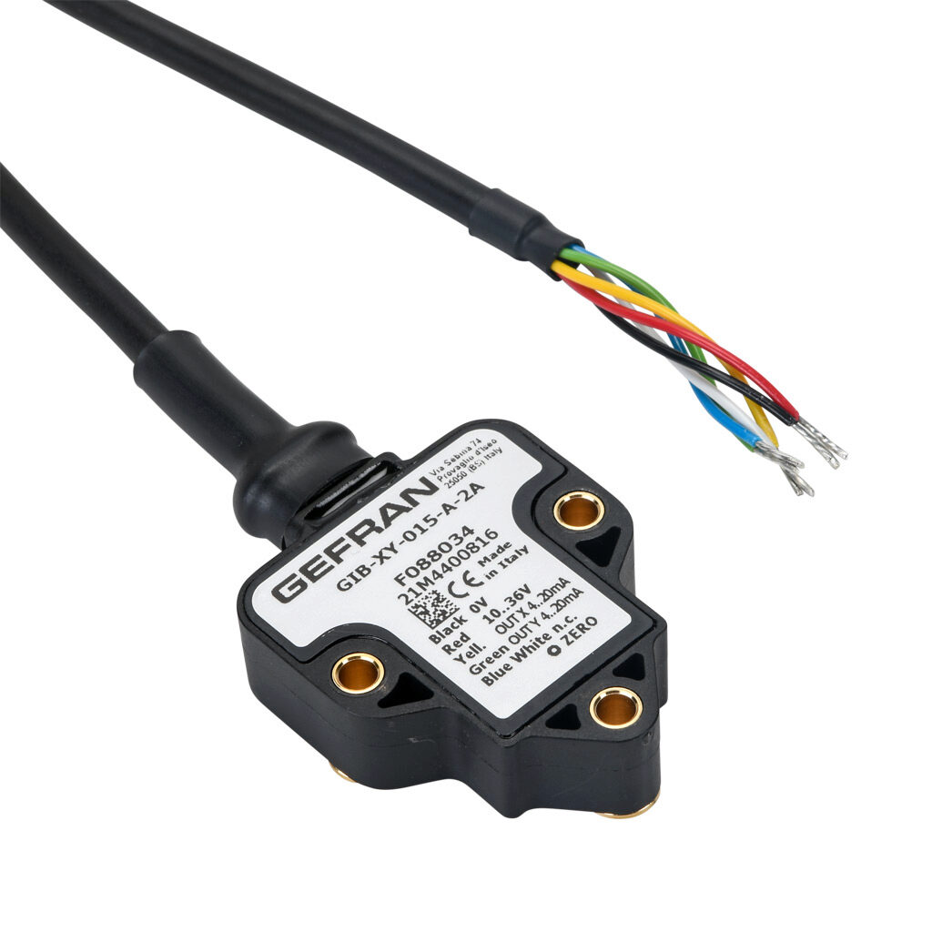 GIB-XY-015-A-2A - Gefran inclination sensor, 2 axes, +/- 15 degrees, +/-0.5 degrees accuracy, 4-20 mA output, IP67 IP69K, thermoplastic (PBT) housing, pigtail, 6.5ft/2m cable length.