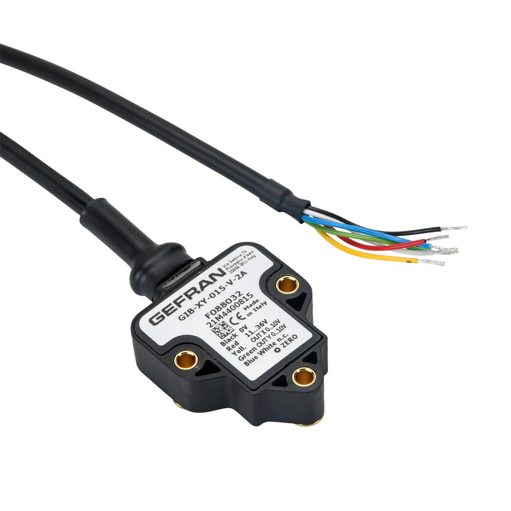 GIB-XY-015-V-2A - Gefran inclination sensor, 2 axes, +/- 15 degrees, +/-0.5 degrees accuracy, 0-10 VDC output, IP67 IP69K, thermoplastic (PBT) housing, pigtail, 6.5ft/2m cable length.