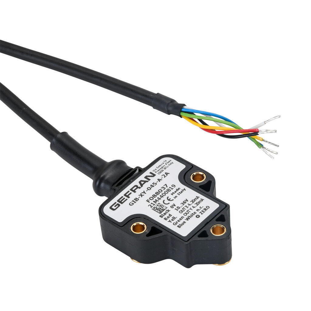 GIB-XY-045-A-2A - Gefran inclination sensor, 2 axes, +/- 45 degrees, +/-0.5 degrees accuracy, 4-20 mA output, IP67 IP69K, thermoplastic (PBT) housing, pigtail, 6.5ft/2m cable length.