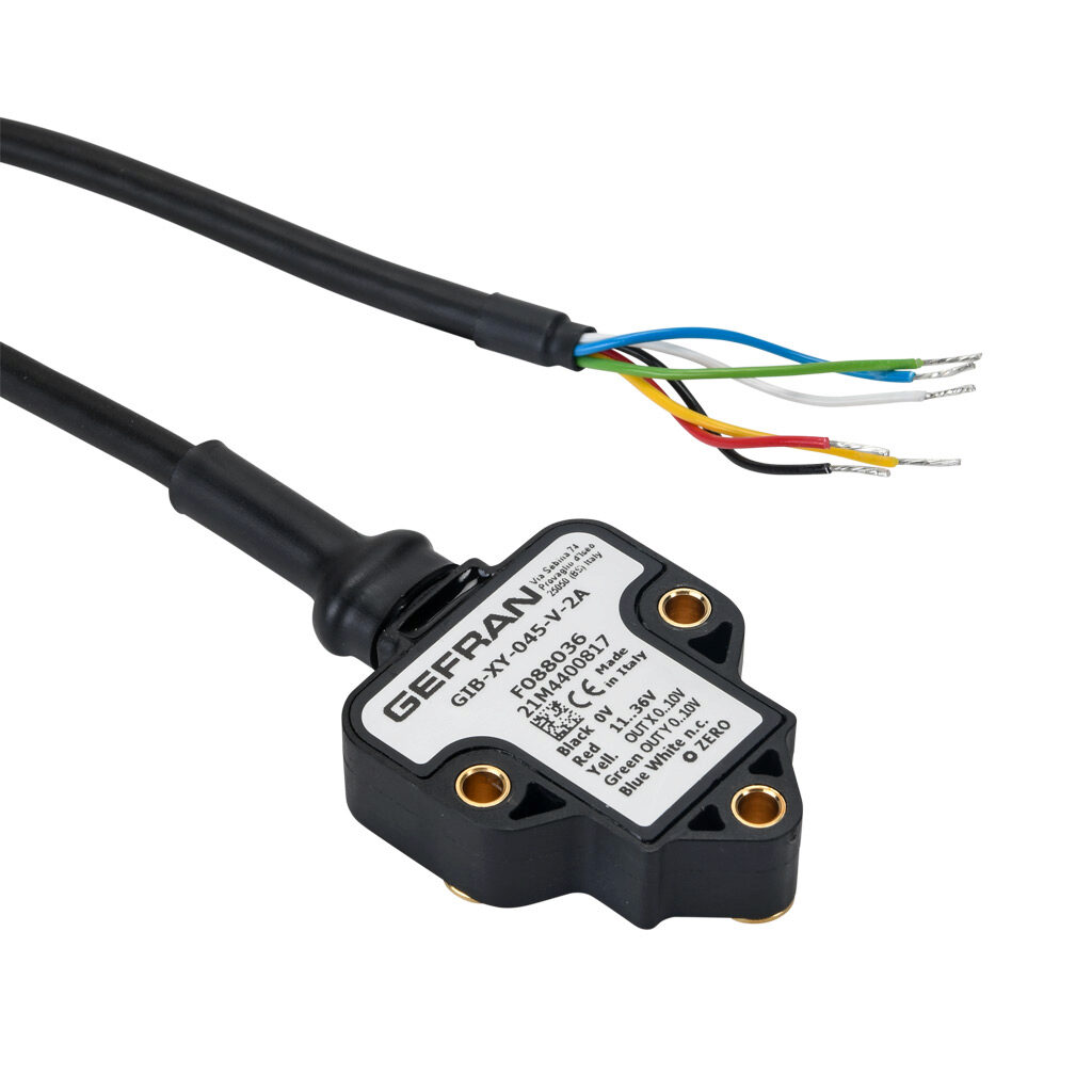 GIB-XY-045-V-2A - Gefran inclination sensor, 2 axes, +/- 45 degrees, +/-0.5 degrees accuracy, 0-10 VDC output, IP67 IP69K, thermoplastic (PBT) housing, pigtail, 6.5ft/2m cable length.