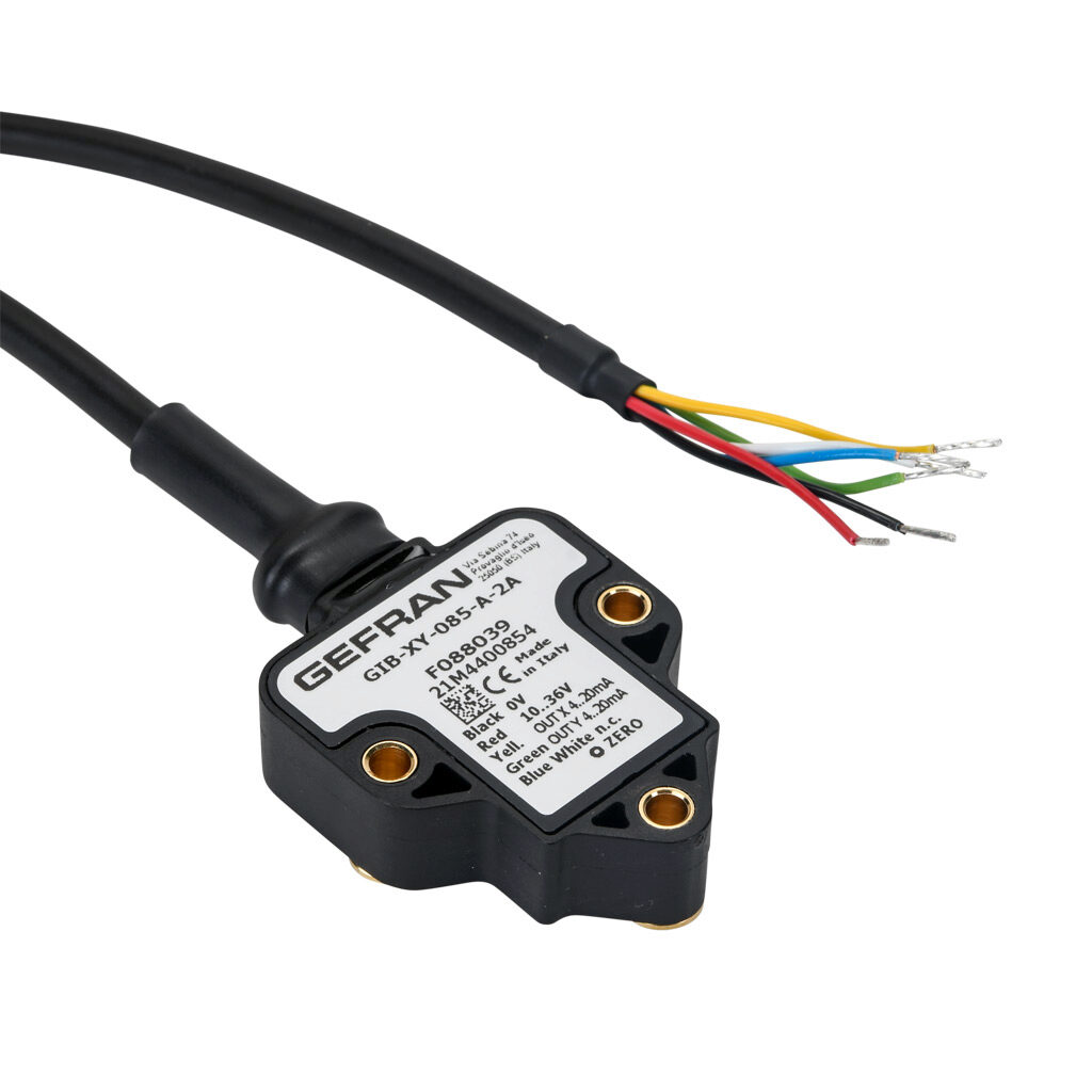 GIB-XY-085-A-2A - Gefran inclination sensor, 2 axes, +/- 85 degrees, +/-0.5 degrees accuracy, 4-20 mA output, IP67 IP69K, thermoplastic (PBT) housing, pigtail, 6.5ft/2m cable length.