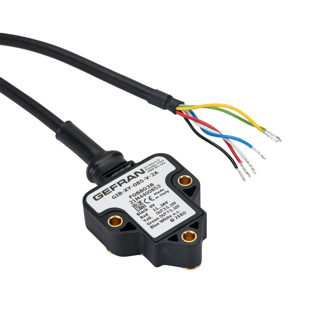 GIB-XY-085-V-2A - Gefran inclination sensor, 2 axes, +/- 85 degrees, +/-0.5 degrees accuracy, 0-10 VDC output, IP67 IP69K, thermoplastic (PBT) housing, pigtail, 6.5ft/2m cable length.