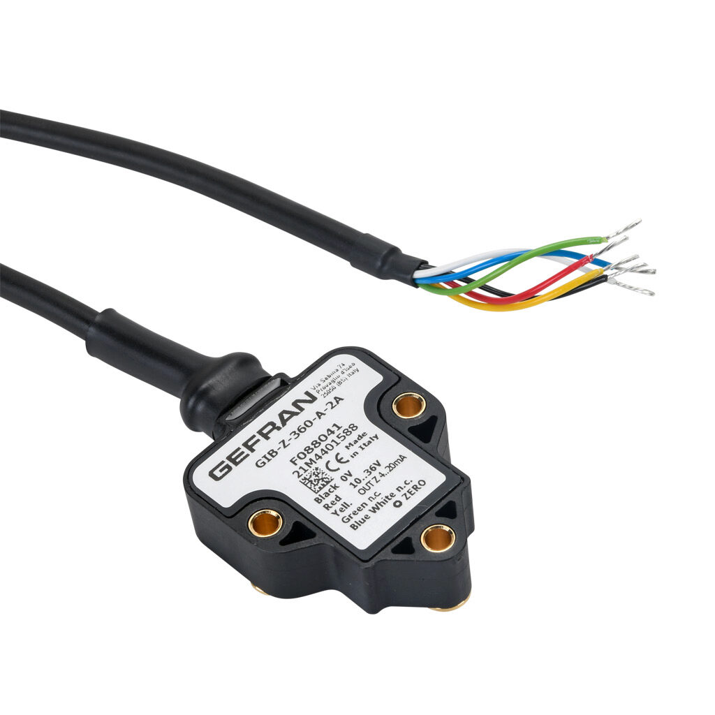 GIB-Z-360-A-2A - Gefran inclination sensor, 1 axis, +/- 180 degrees, +/-0.5 degrees accuracy, 4-20 mA output, IP67 IP69K, thermoplastic (PBT) housing, pigtail, 6.5ft/2m cable length.
