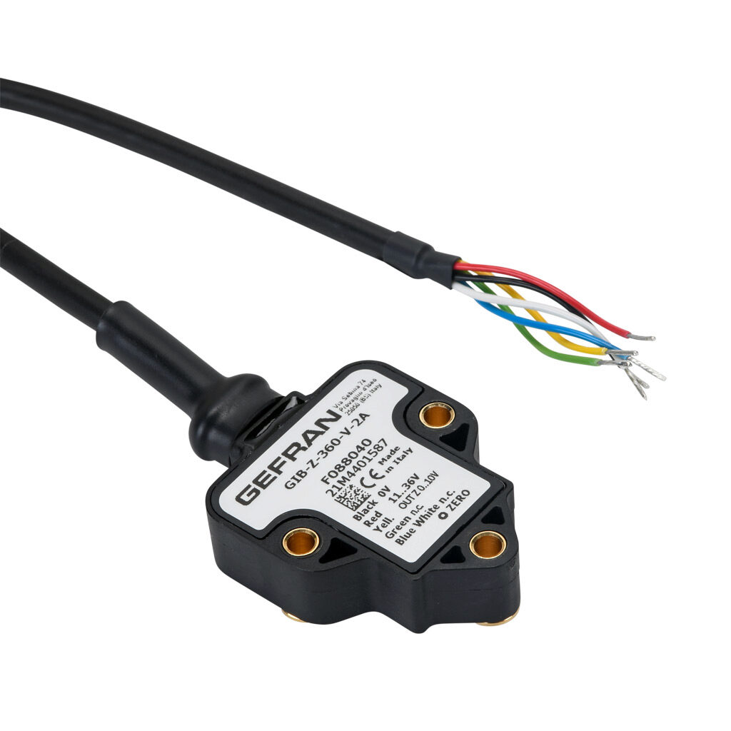 GIB-Z-360-V-2A - Gefran inclination sensor, 1 axis, +/- 180 degrees, +/-0.5 degrees accuracy, 0-10 VDC output, IP67 IP69K, thermoplastic (PBT) housing, pigtail, 6.5ft/2m cable length.