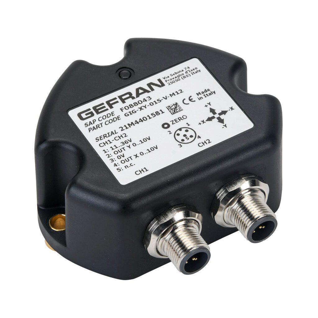 GIG-XY-015-V-M12 - Gefran inclination sensor, 2 axes, +/- 15 degrees, +/-0.5 degrees accuracy, redundant 0-10 VDC output, IP67, thermoplastic (PBT) housing, (2) 5-pin M12 quick-disconnect.