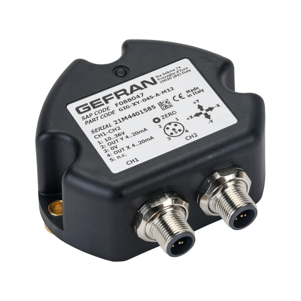GIG-XY-045-A-M12 - Gefran inclination sensor, 2 axes, +/- 45 degrees, +/-0.5 degrees accuracy, redundant 4-20 mA output, IP67, thermoplastic (PBT) housing, (2) 5-pin M12 quick-disconnect.