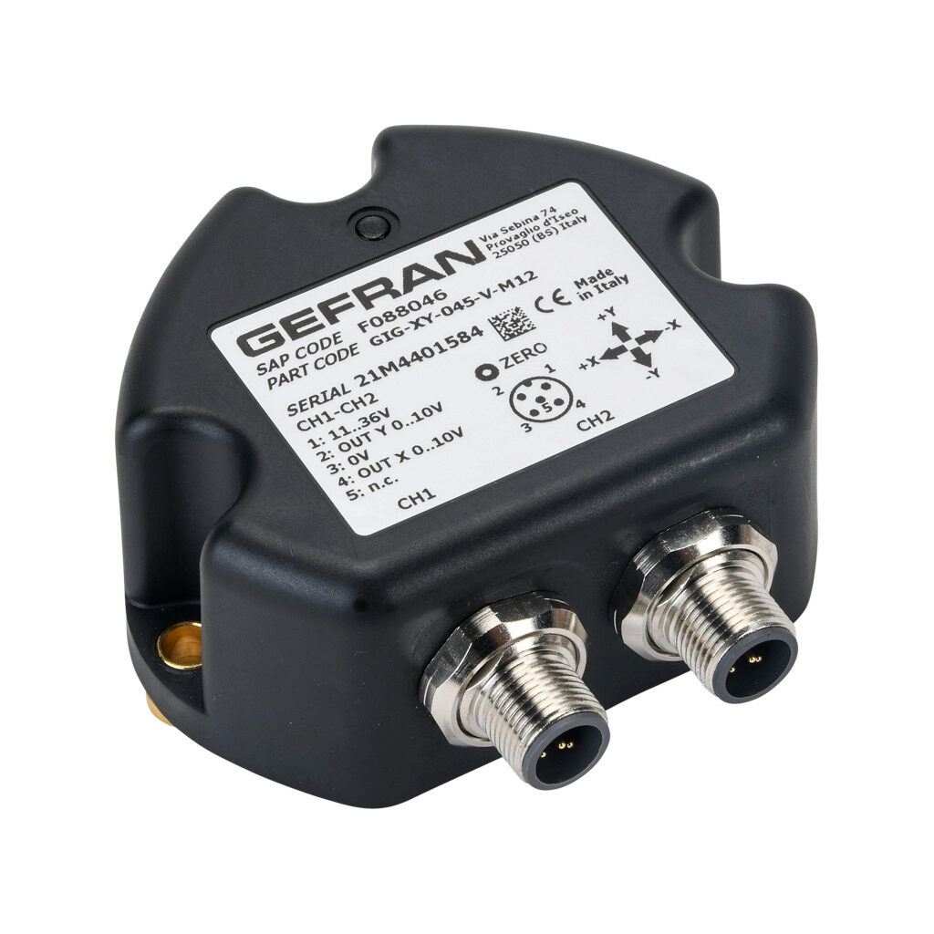 GIG-XY-045-V-M12 - Gefran inclination sensor, 2 axes, +/- 45 degrees, +/-0.5 degrees accuracy, redundant 0-10 VDC output, IP67, thermoplastic (PBT) housing, (2) 5-pin M12 quick-disconnect.