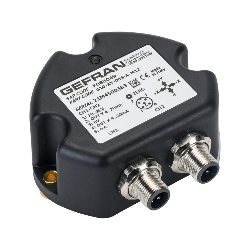 GIG-XY-085-A-M12 - Gefran inclination sensor, 2 axes, +/- 85 degrees, +/-0.5 degrees accuracy, redundant 4-20 mA output, IP67, thermoplastic (PBT) housing, (2) 5-pin M12 quick-disconnect.