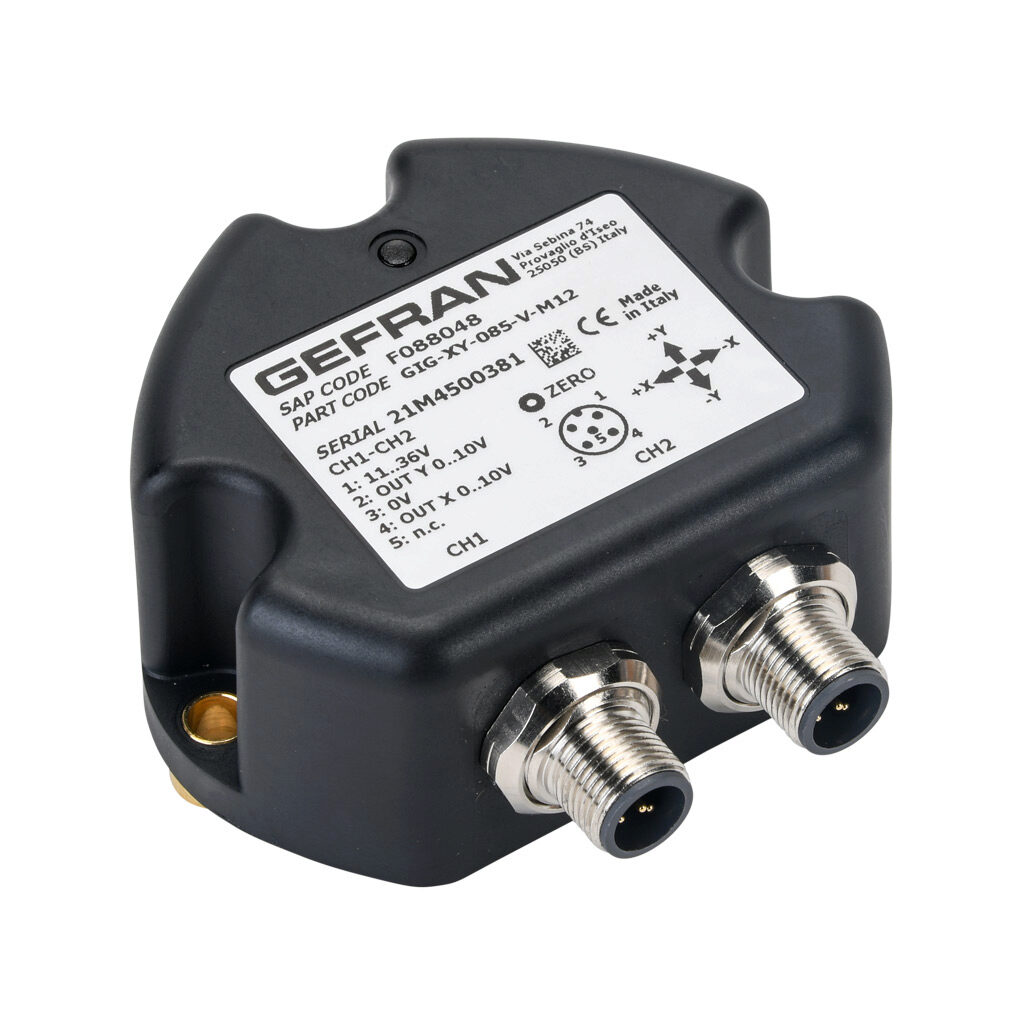 GIG-XY-085-V-M12 - Gefran inclination sensor, 2 axes, +/- 85 degrees, +/-0.5 degrees accuracy, redundant 0-10 VDC output, IP67, thermoplastic (PBT) housing, (2) 5-pin M12 quick-disconnect.