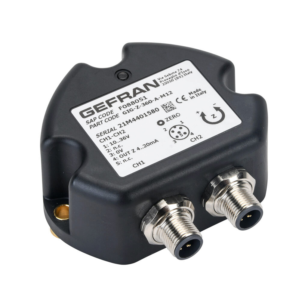 GIG-Z-360-A-M12 - Gefran inclination sensor, 1 axis, +/- 180 degrees, +/-0.5 degrees accuracy, redundant 4-20 mA output, IP67, thermoplastic (PBT) housing, (2) 5-pin M12 quick-disconnect.
