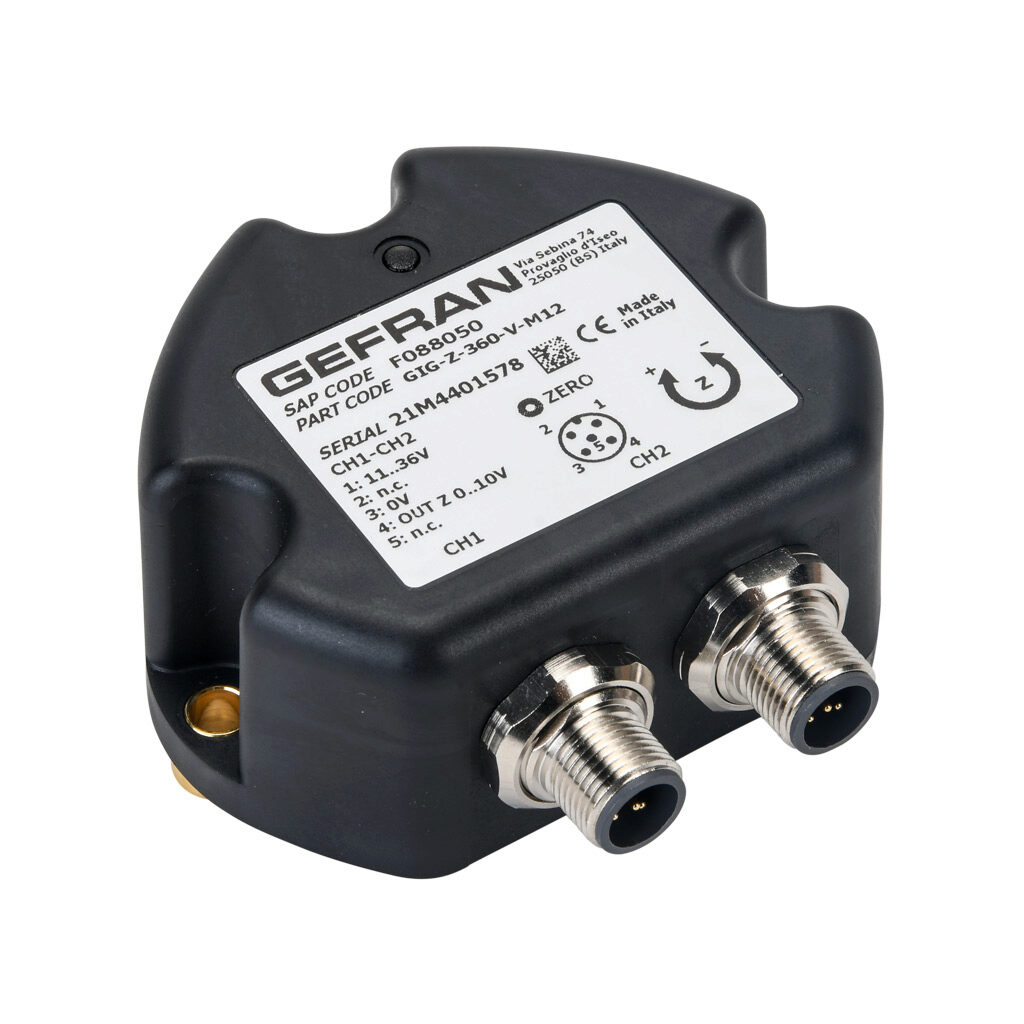 GIG-Z-360-V-M12 - Gefran inclination sensor, 1 axis, +/- 180 degrees, +/-0.5 degrees accuracy, redundant 0-10 VDC output, IP67, thermoplastic (PBT) housing, (2) 5-pin M12 quick-disconnect.