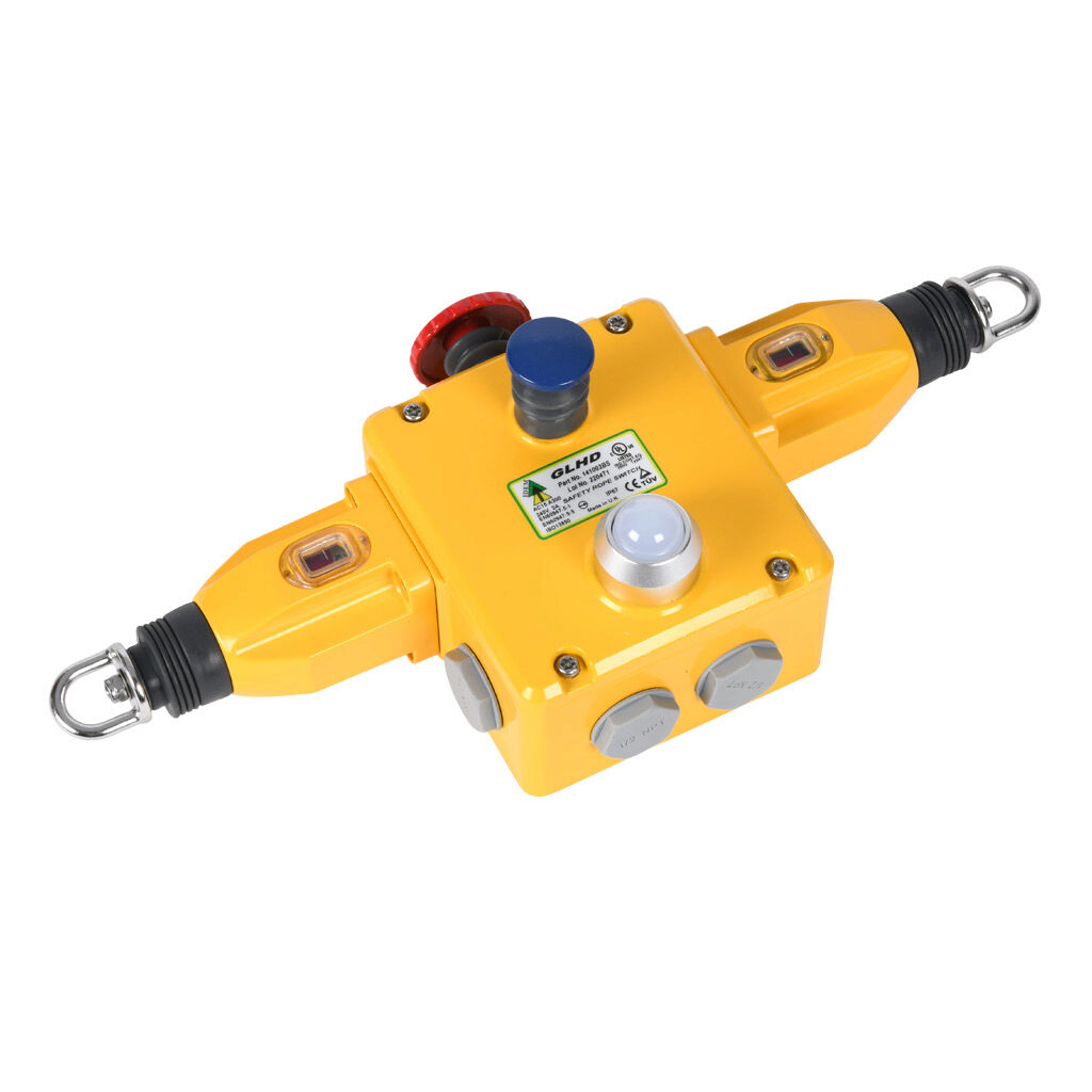 GLHD-141002-BS - IDEM safety switch, cable-pull interlock, with reset, 250m maximum pull cable length, emergency stop, dual head, (4) N.C. safety output(s), (2) N.O. monitoring output(s), 110 VAC LED, die-cast aluminum body, (4) 1/2in NPT cable en...