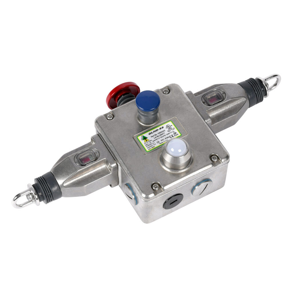 GLHD-SS-145002-AS - IDEM safety switch, cable-pull interlock, with reset, 250m maximum pull cable length, emergency stop, dual head, (4) N.C. safety output(s), (2) N.O. monitoring output(s), 24 VDC LED, 316 stainless steel body, (4) 1/2in NPT cabl...