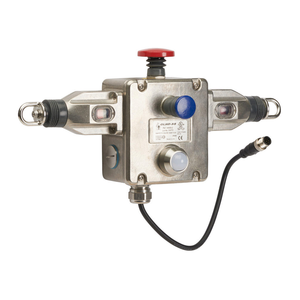 GLHD-SS-145300-Z - IDEM Z-Range safety switch, cable-pull interlock, 250m maximum pull cable length, emergency stop, dual head, (1) pair OSSD safety output(s), (1) status monitoring output(s), dual color LED, 316 stainless steel body, 8-pin M12 qu...