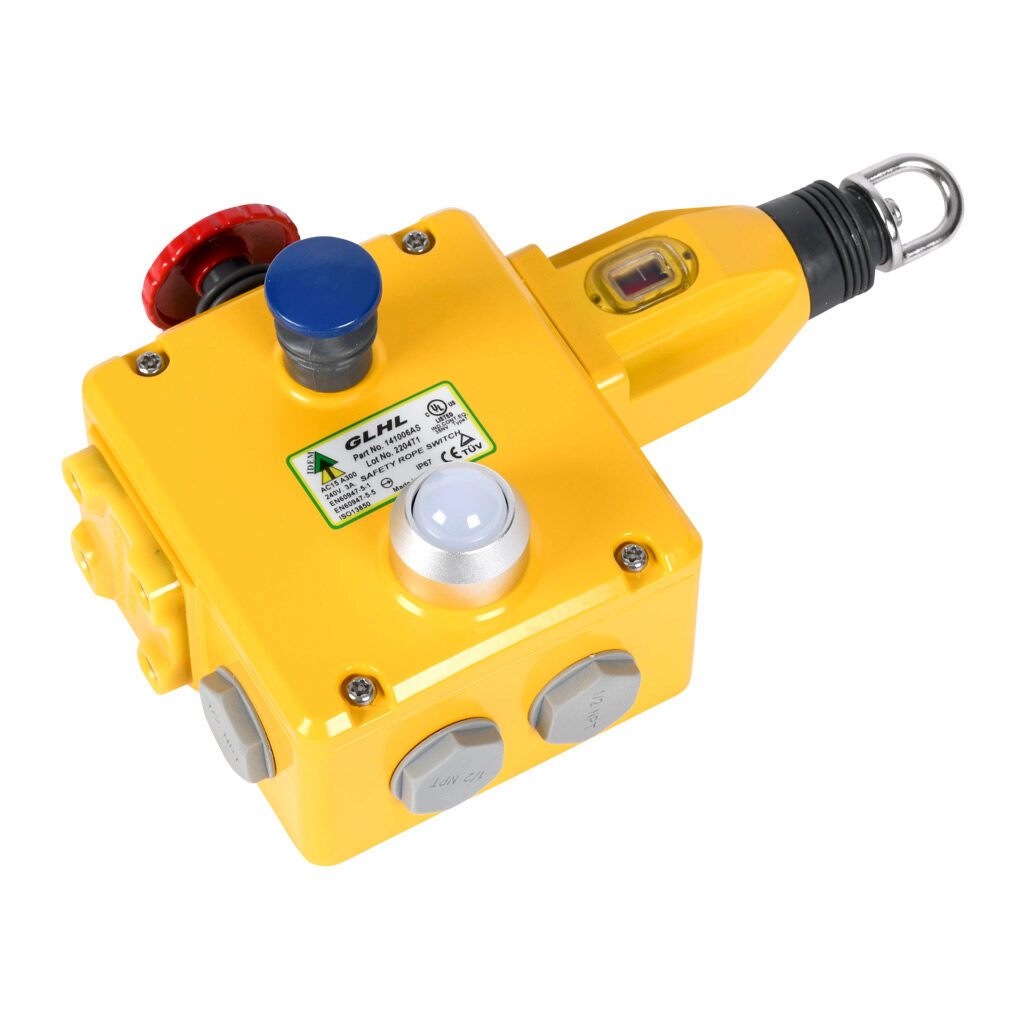 GLHL-141006-AS - IDEM safety switch, cable-pull interlock, with reset, 125m maximum pull cable length, emergency stop, left hand head, (4) N.C. safety output(s), (2) N.O. monitoring output(s), 24 VDC LED, die-cast aluminum body, (4) 1/2in NPT cabl...