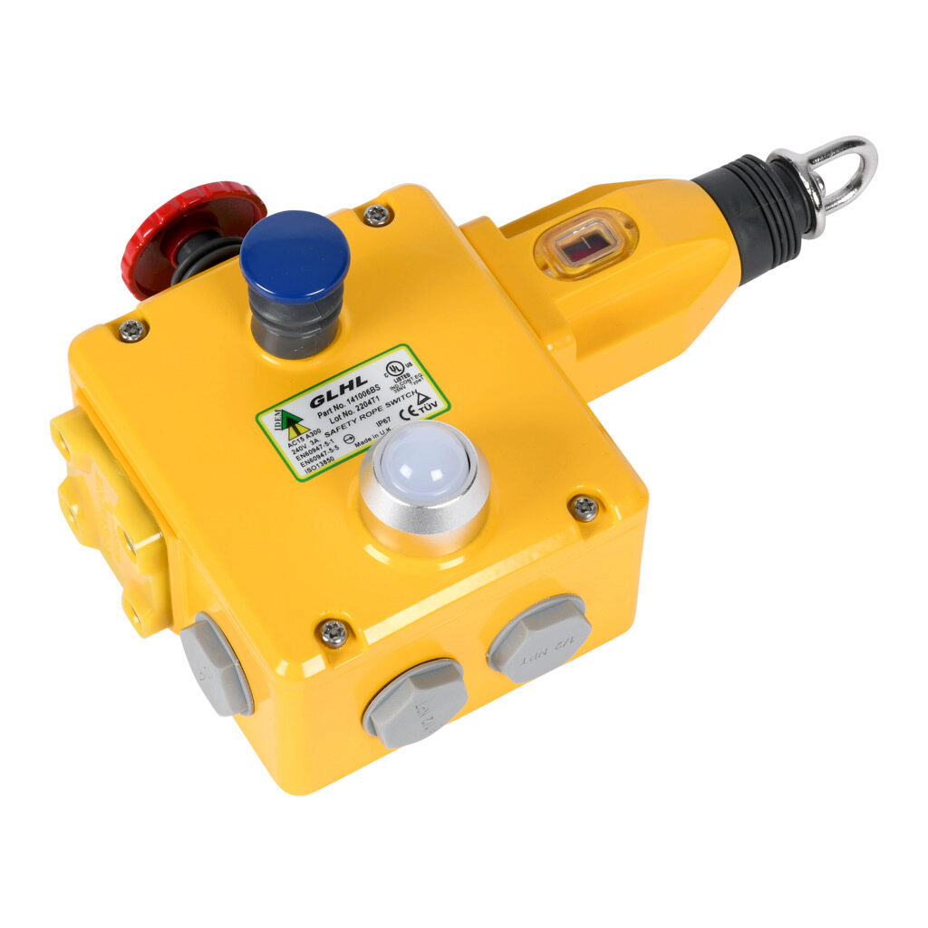 GLHL-141006-BS - IDEM safety switch, cable-pull interlock, with reset, 125m maximum pull cable length, emergency stop, left hand head, (4) N.C. safety output(s), (2) N.O. monitoring output(s), 110 VAC LED, die-cast aluminum body, (4) 1/2in NPT cab...