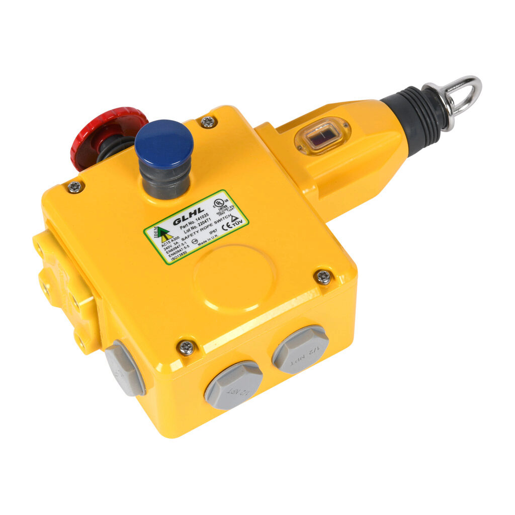 GLHL-141035 - IDEM safety switch, cable-pull interlock, with reset, 125m maximum pull cable length, emergency stop, left hand head, (4) N.C. safety output(s), (2) N.O. monitoring output(s), die-cast aluminum body, (4) 1/2in NPT cable entries.