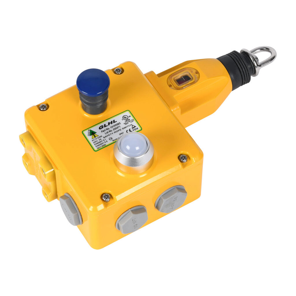 GLHL-141055-BS - IDEM safety switch, cable-pull interlock, with reset, 125m maximum pull cable length, left hand head, (4) N.C. safety output(s), (2) N.O. monitoring output(s), 110 VAC LED, die-cast aluminum body, (4) 1/2in NPT cable entries.
