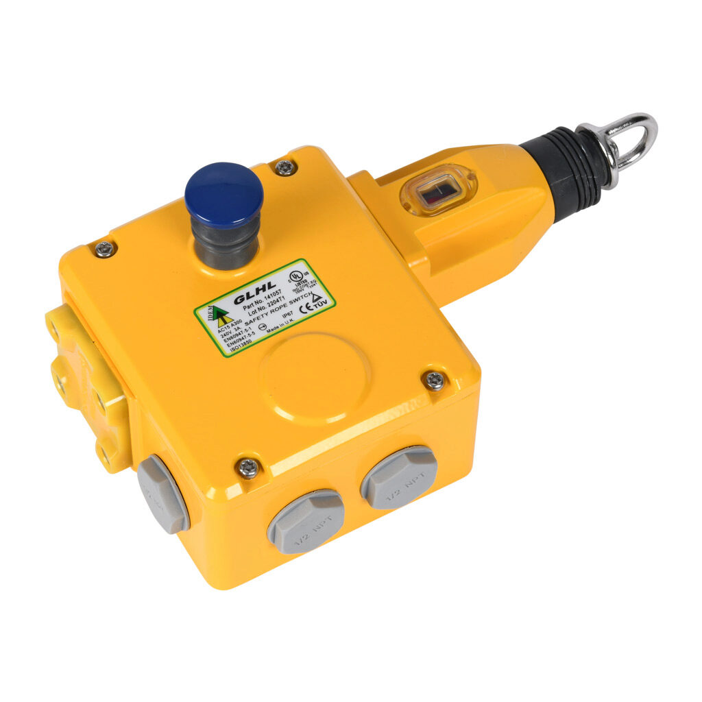 GLHL-141057 - IDEM safety switch, cable-pull interlock, with reset, 125m maximum pull cable length, left hand head, (4) N.C. safety output(s), (2) N.O. monitoring output(s), die-cast aluminum body, (4) 1/2in NPT cable entries.