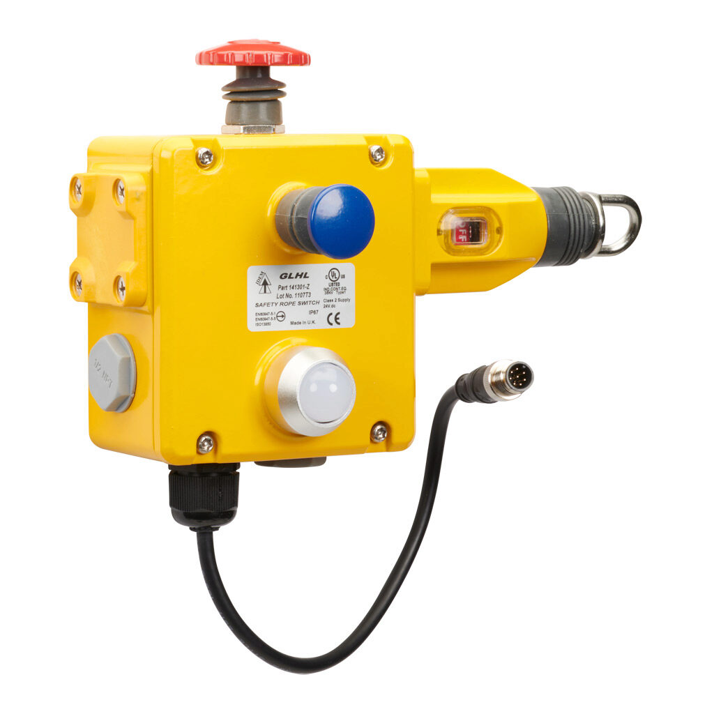 GLHL-141301-Z - IDEM Z-Range safety switch, cable-pull interlock, 125m maximum pull cable length, emergency stop, left hand head, (1) pair OSSD safety output(s), (1) status monitoring output(s), dual color LED, die-cast aluminum body, 8-pin M12 qu...