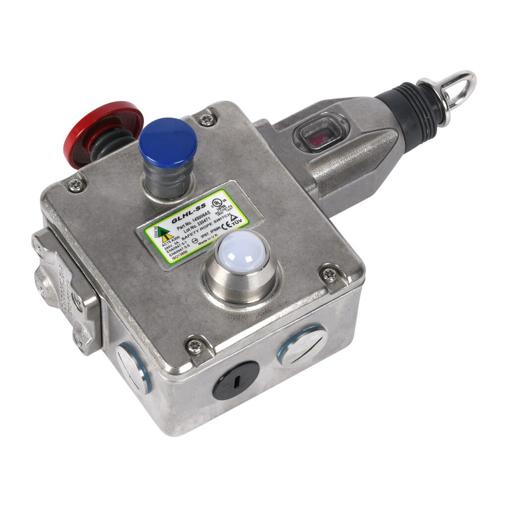 GLHL-SS-145006-AS - IDEM safety switch, cable-pull interlock, with reset, 125m maximum pull cable length, emergency stop, left hand head, (4) N.C. safety output(s), (2) N.O. monitoring output(s), 24 VDC LED, 316 stainless steel body, (4) 1/2in NPT...