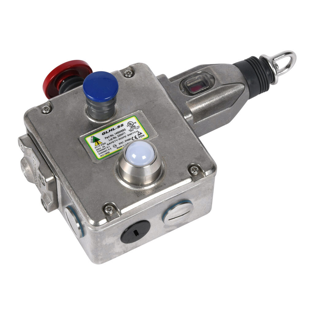 GLHL-SS-145006-BS - IDEM safety switch, cable-pull interlock, with reset, 125m maximum pull cable length, emergency stop, left hand head, (4) N.C. safety output(s), (2) N.O. monitoring output(s), 110 VAC LED, 316 stainless steel body, (4) 1/2in NP...