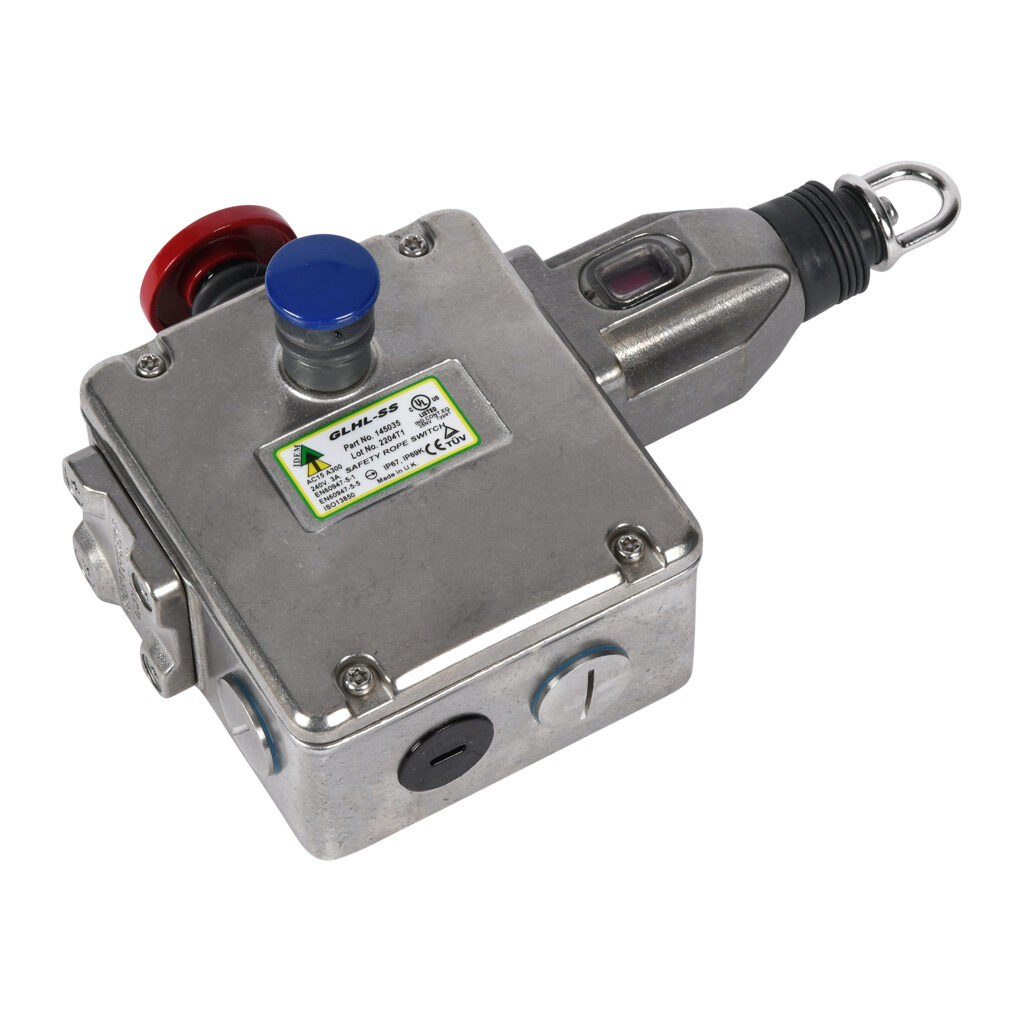 GLHL-SS-145035 - IDEM safety switch, cable-pull interlock, with reset, 125m maximum pull cable length, emergency stop, left hand head, (4) N.C. safety output(s), (2) N.O. monitoring output(s), 316 stainless steel body, (4) 1/2in NPT cable entries.