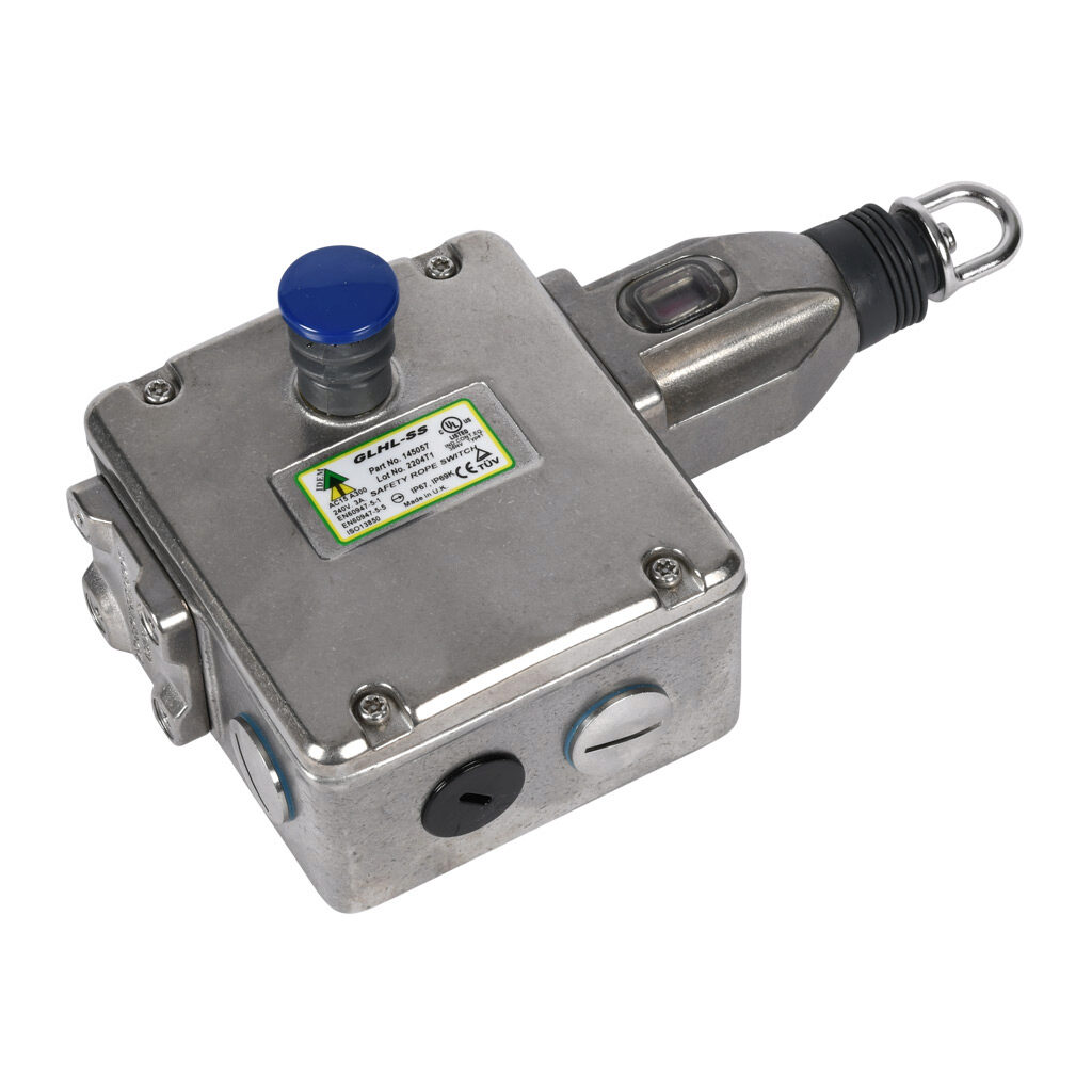 GLHL-SS-145057 - IDEM safety switch, cable-pull interlock, with reset, 125m maximum pull cable length, left hand head, (4) N.C. safety output(s), (2) N.O. monitoring output(s), 316 stainless steel body, (4) 1/2in NPT cable entries.
