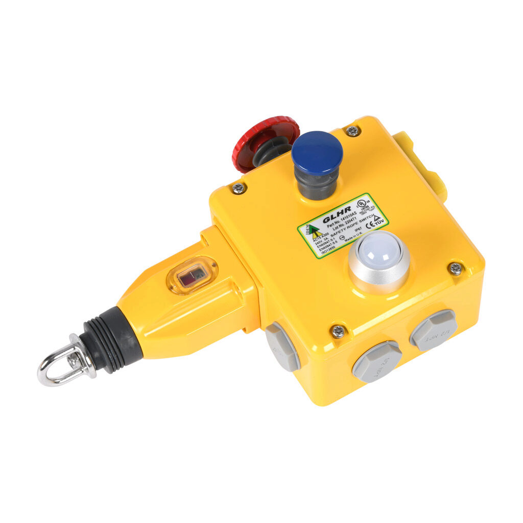 GLHR-141010-AS - IDEM safety switch, cable-pull interlock, with reset, 125m maximum pull cable length, emergency stop, right hand head, (4) N.C. safety output(s), (2) N.O. monitoring output(s), 24 VDC LED, die-cast aluminum body, (4) 1/2in NPT cab...
