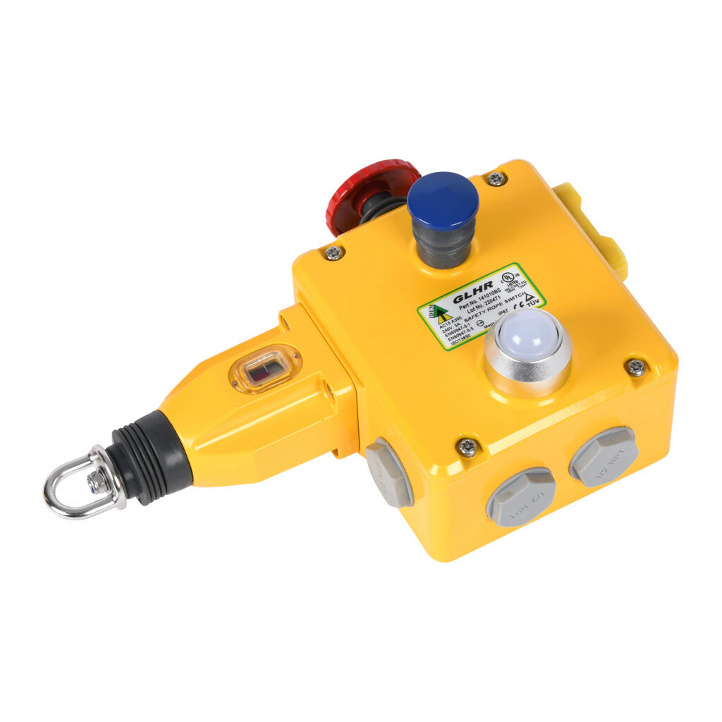 GLHR-141010-BS - IDEM safety switch, cable-pull interlock, with reset, 125m maximum pull cable length, emergency stop, right hand head, (4) N.C. safety output(s), (2) N.O. monitoring output(s), 110 VAC LED, die-cast aluminum body, (4) 1/2in NPT ca...