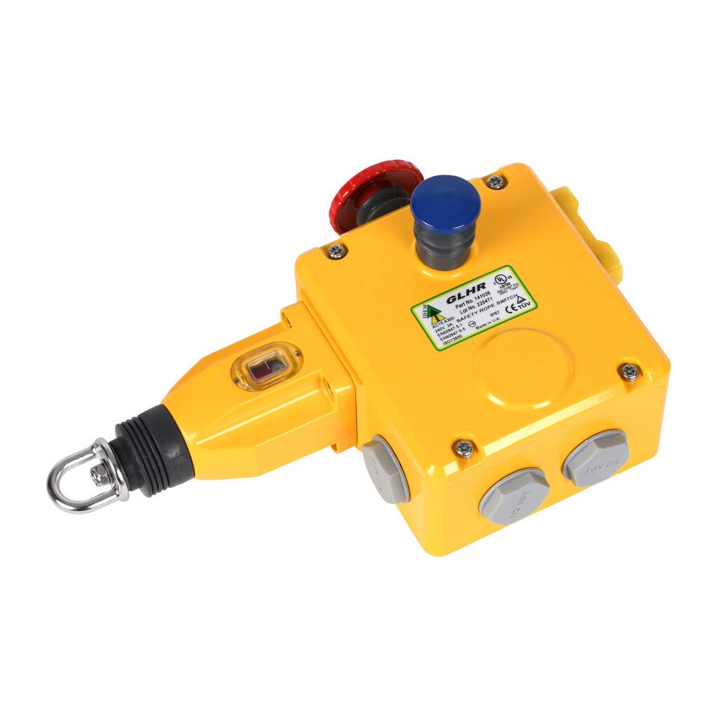 GLHR-141036 - IDEM safety switch, cable-pull interlock, with reset, 125m maximum pull cable length, emergency stop, right hand head, (4) N.C. safety output(s), (2) N.O. monitoring output(s), die-cast aluminum body, (4) 1/2in NPT cable entries.