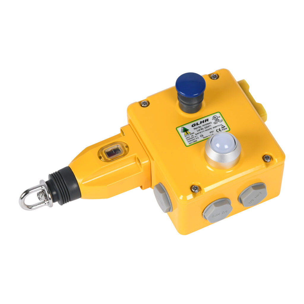 GLHR-141056-AS - IDEM safety switch, cable-pull interlock, with reset, 125m maximum pull cable length, right hand head, (4) N.C. safety output(s), (2) N.O. monitoring output(s), 24 VDC LED, die-cast aluminum body, (4) 1/2in NPT cable entries.