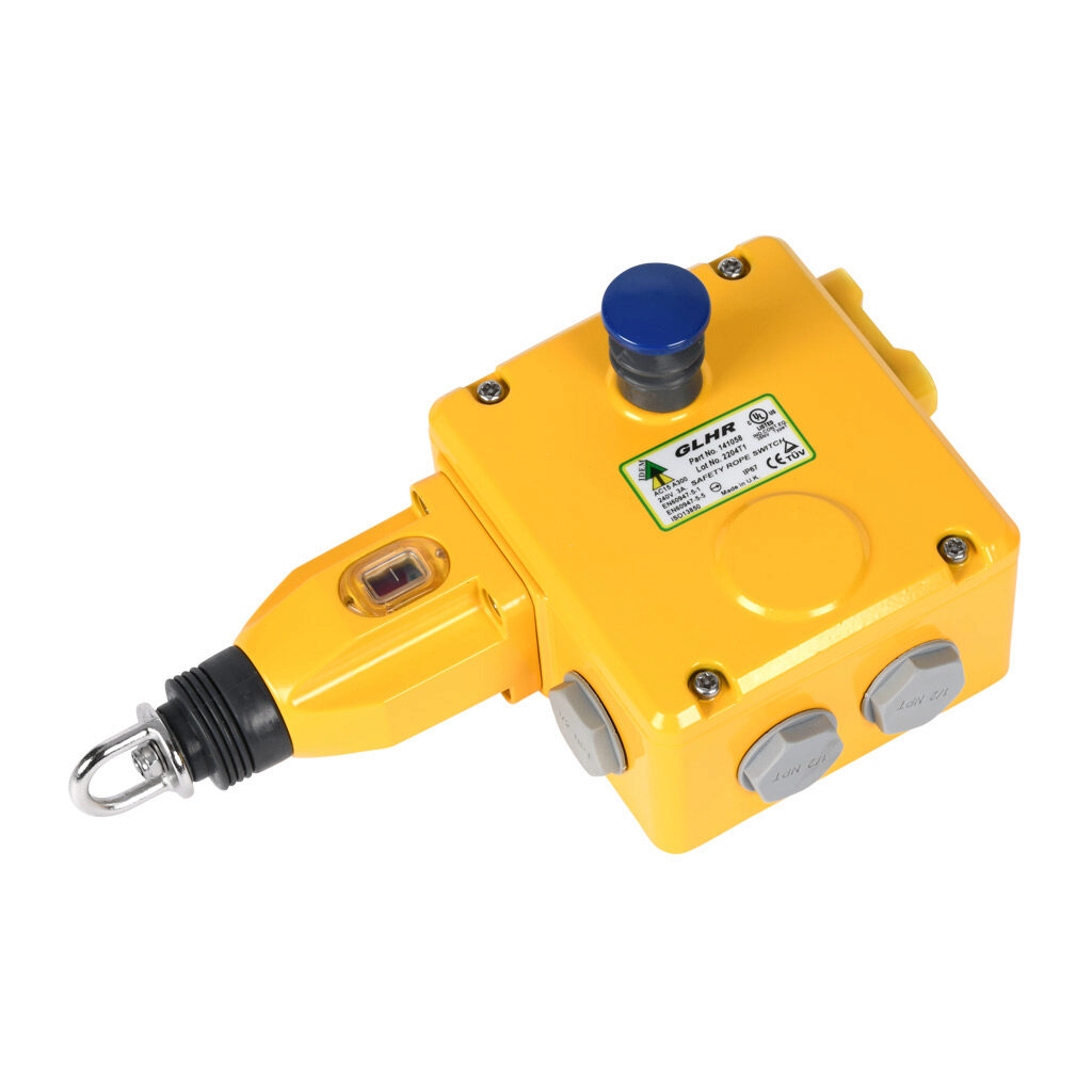 GLHR-141058 - IDEM safety switch, cable-pull interlock, with reset, 125m maximum pull cable length, right hand head, (4) N.C. safety output(s), (2) N.O. monitoring output(s), die-cast aluminum body, (4) 1/2in NPT cable entries.