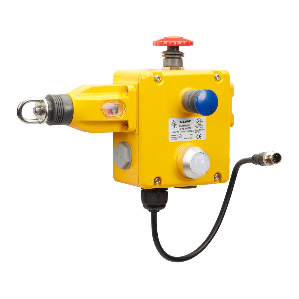 GLHR-141302-Z - IDEM Z-Range safety switch, cable-pull interlock, 125m maximum pull cable length, emergency stop, right hand head, (1) pair OSSD safety output(s), (1) status monitoring output(s), dual color LED, die-cast aluminum body, 8-pin M12 q...