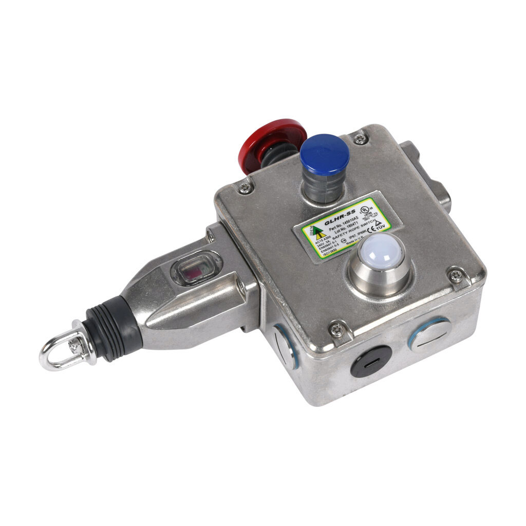 GLHR-SS-145010-AS - IDEM safety switch, cable-pull interlock, with reset, 125m maximum pull cable length, emergency stop, right hand head, (4) N.C. safety output(s), (2) N.O. monitoring output(s), 24 VDC LED, 316 stainless steel body, (4) 1/2in NP...